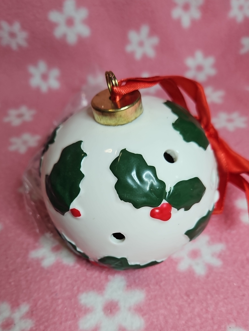 Lightscape Holiday Holly Ceramic Bell Ornament - White & Green